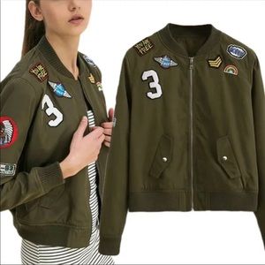 Women Army Green Bomber Jacket with patches